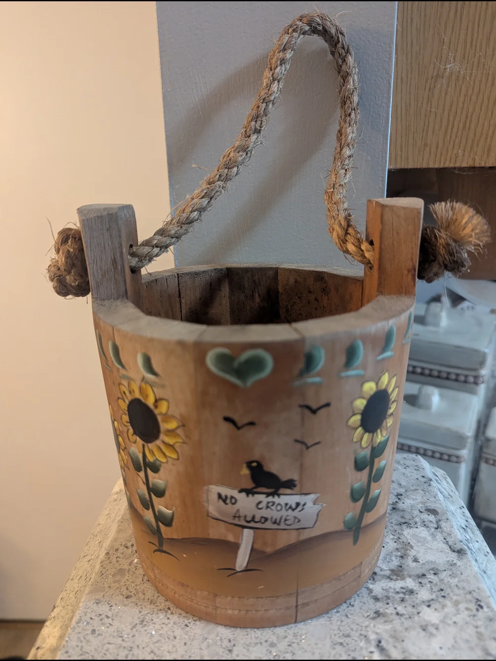 Vintage Wood Small Bucket Wall Decor Planter w/Rope Handle Cottage Country Style